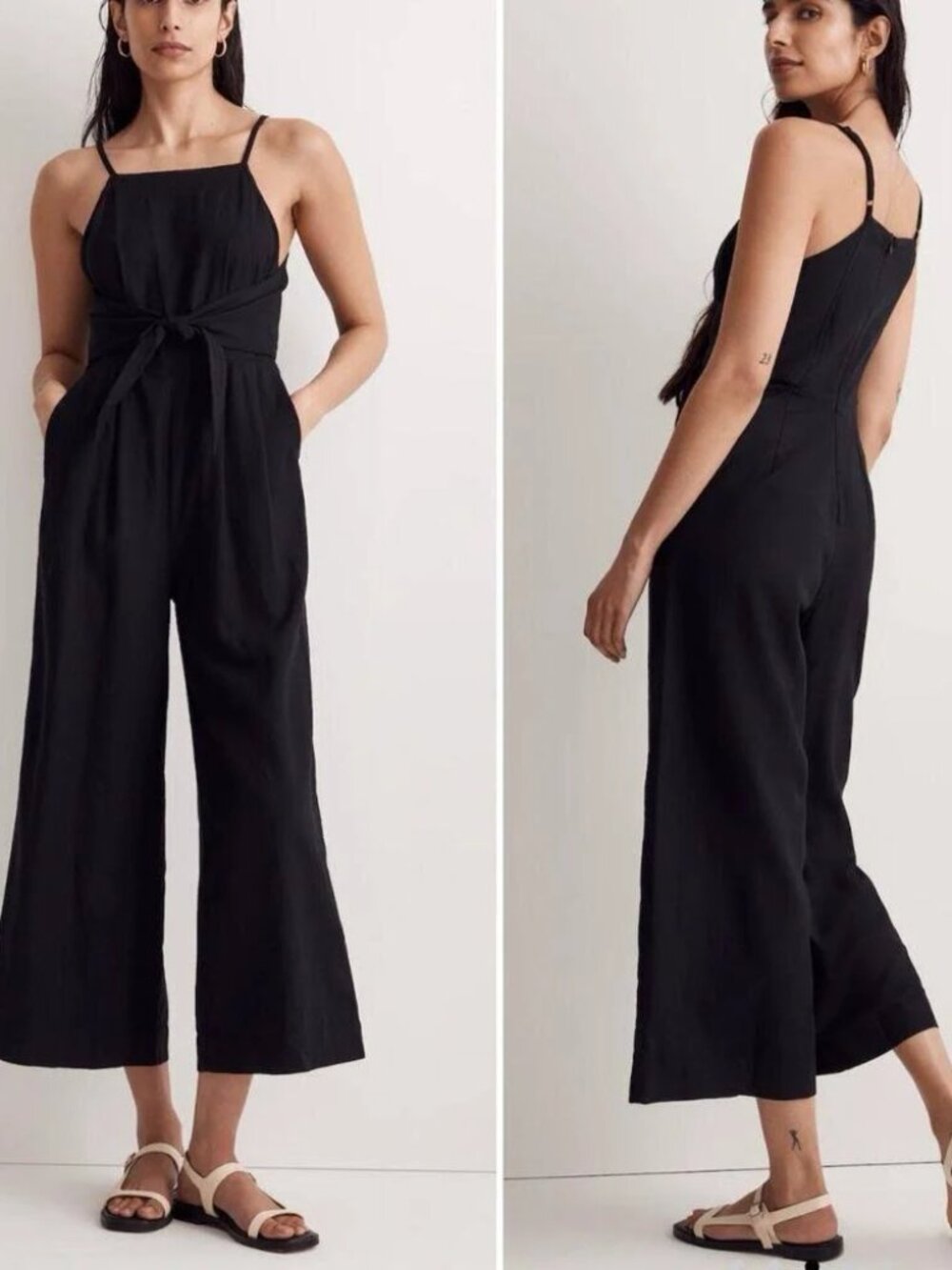 Madewell Black Linen Tie Front Jumpsuit with Pockets
